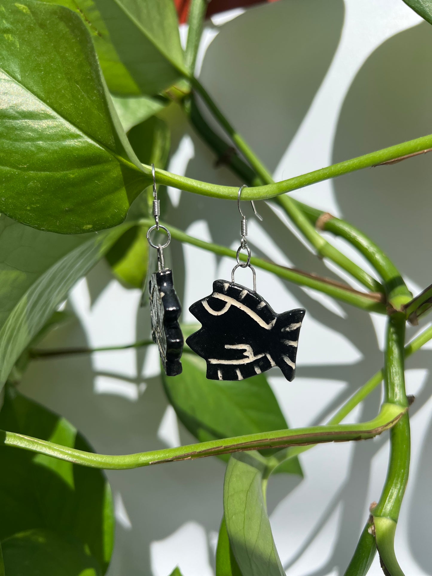 Bitty Black Fish Earrings Carved