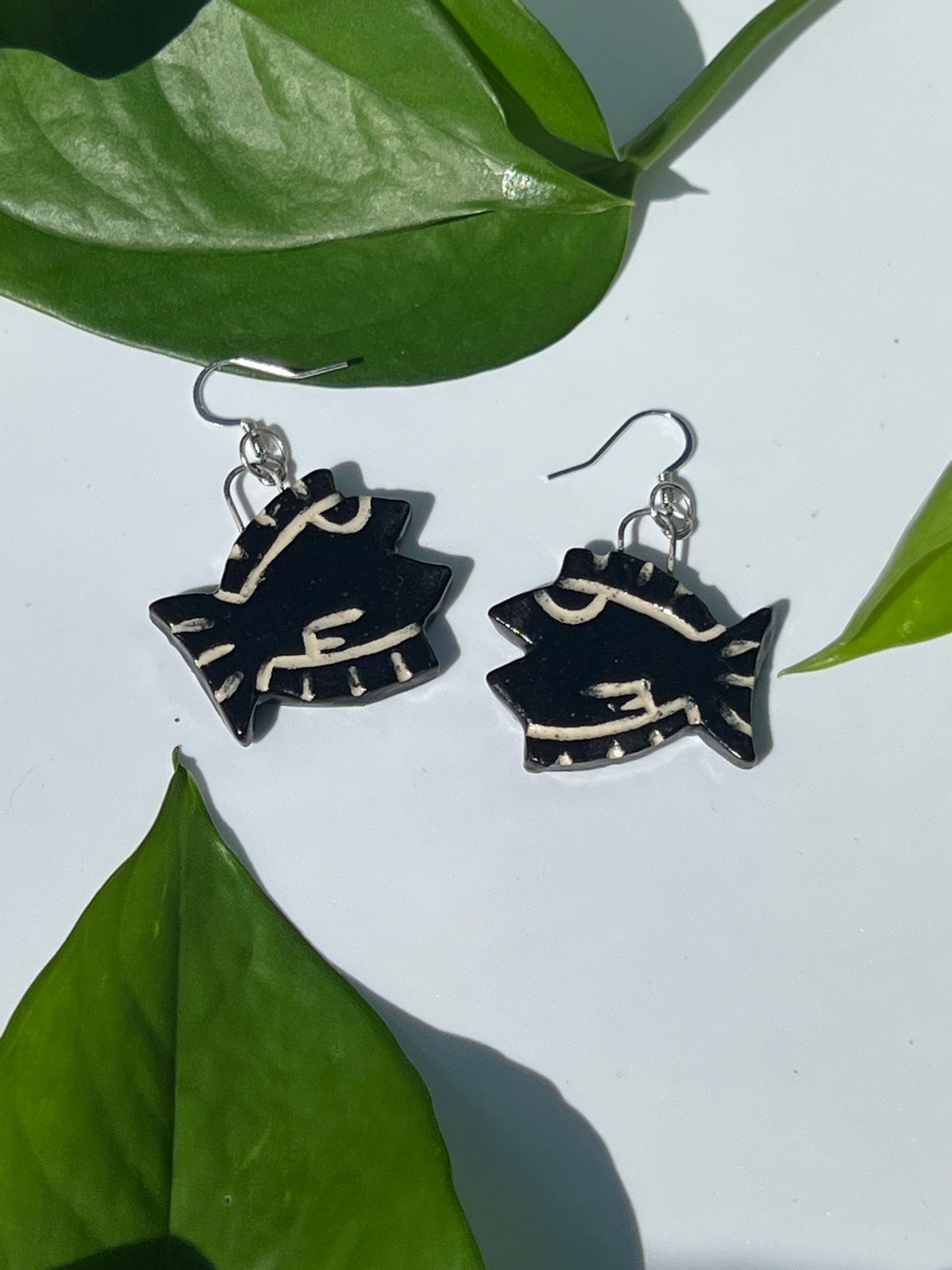 Bitty Black Fish Earrings Carved