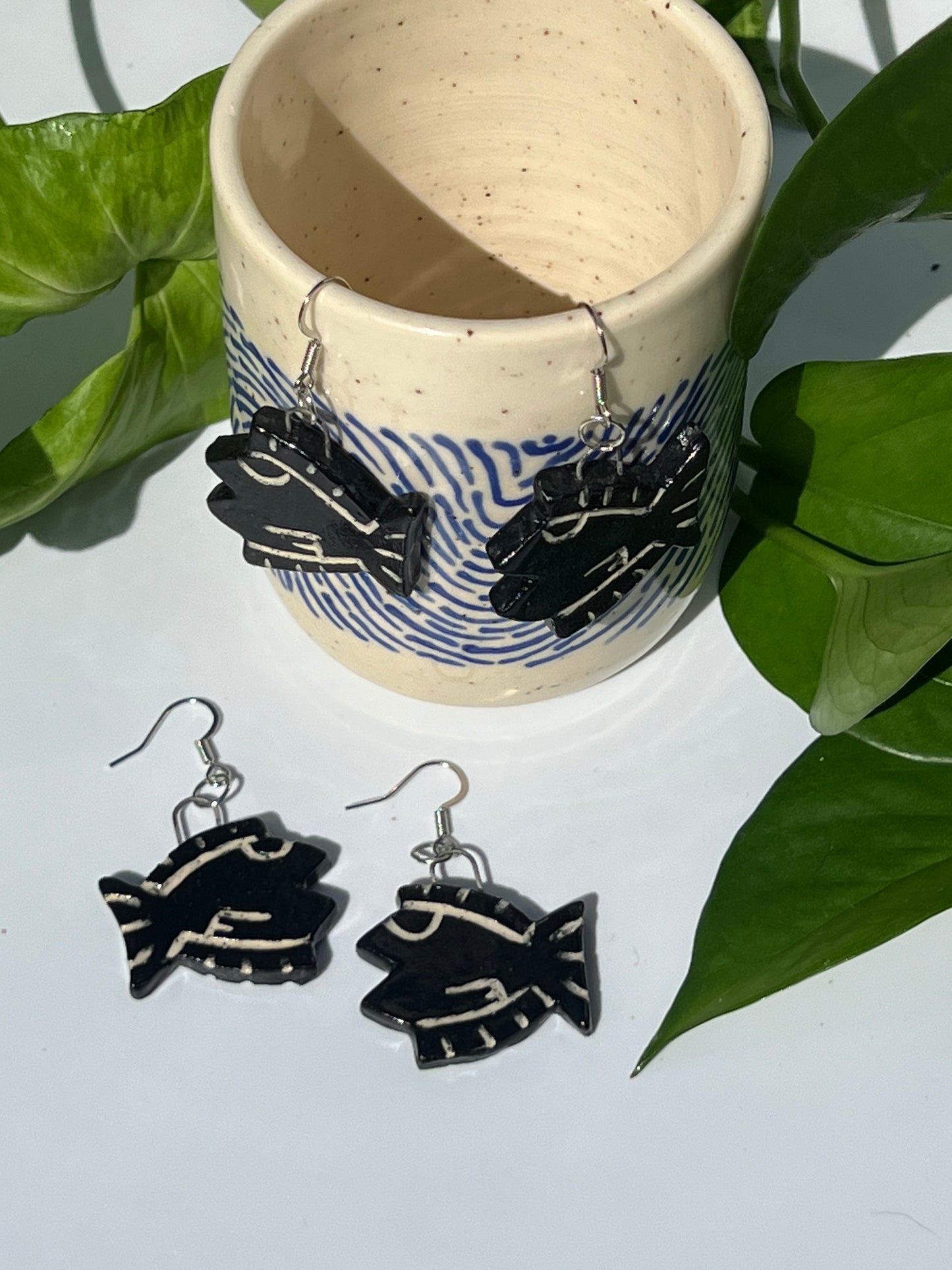 Bitty Black Fish Earrings Carved