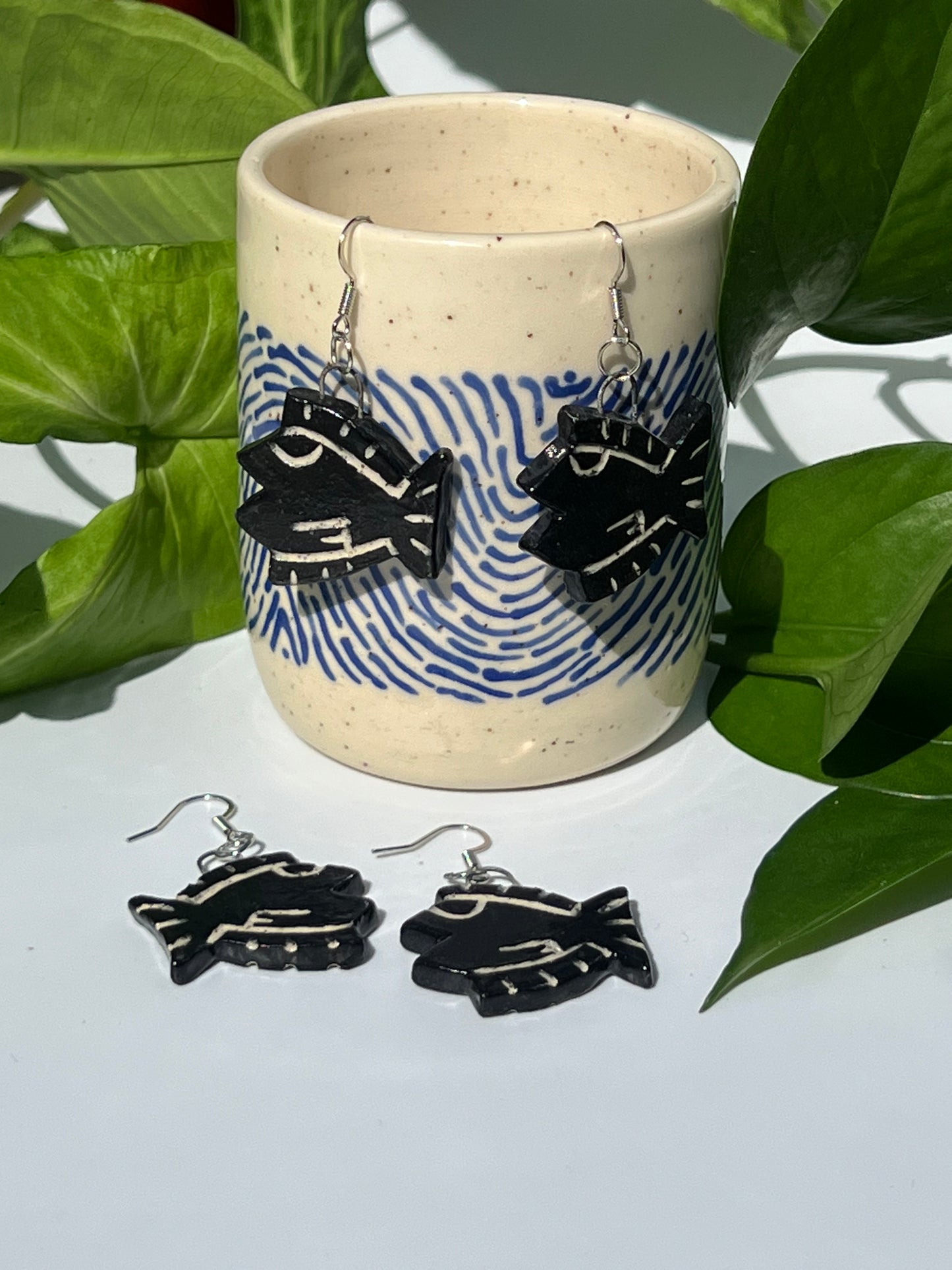 Bitty Black Fish Earrings Carved